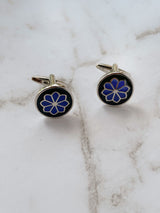 Round Enamel Black & Blue Flower Cufflinks