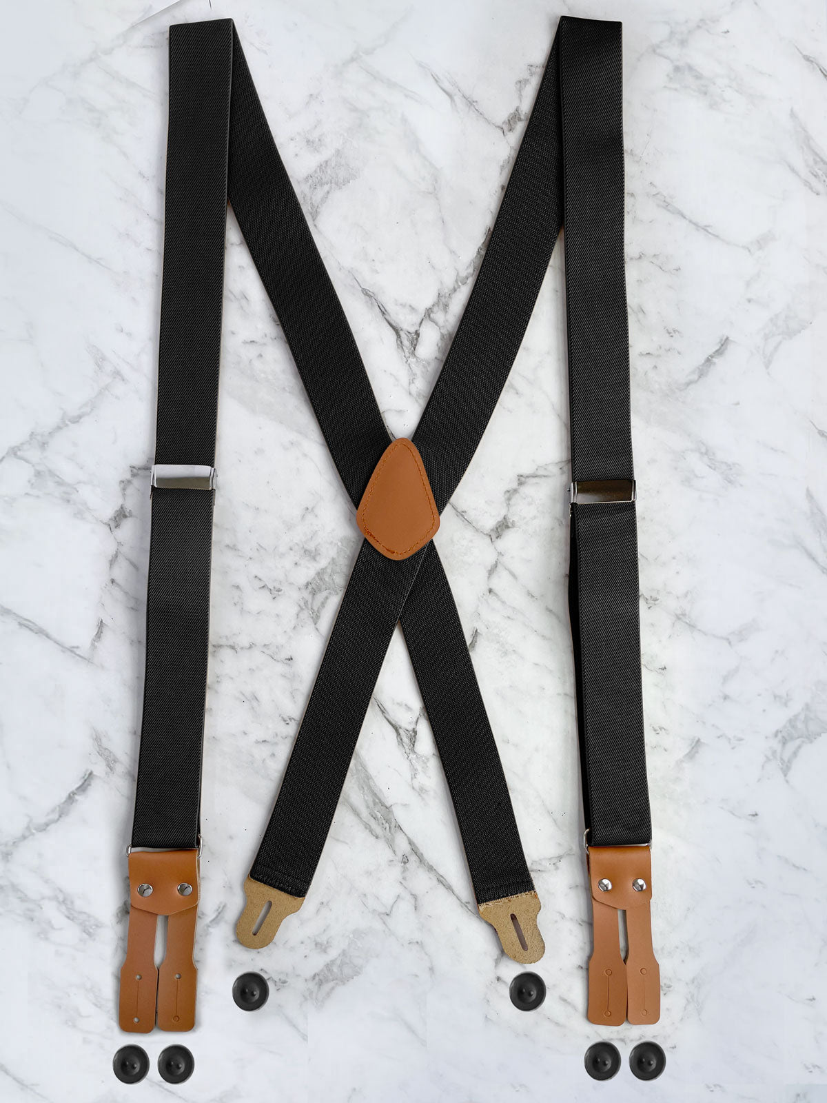 Black Leather Trim X-Back Button Suspenders – Bowtie & Arrow