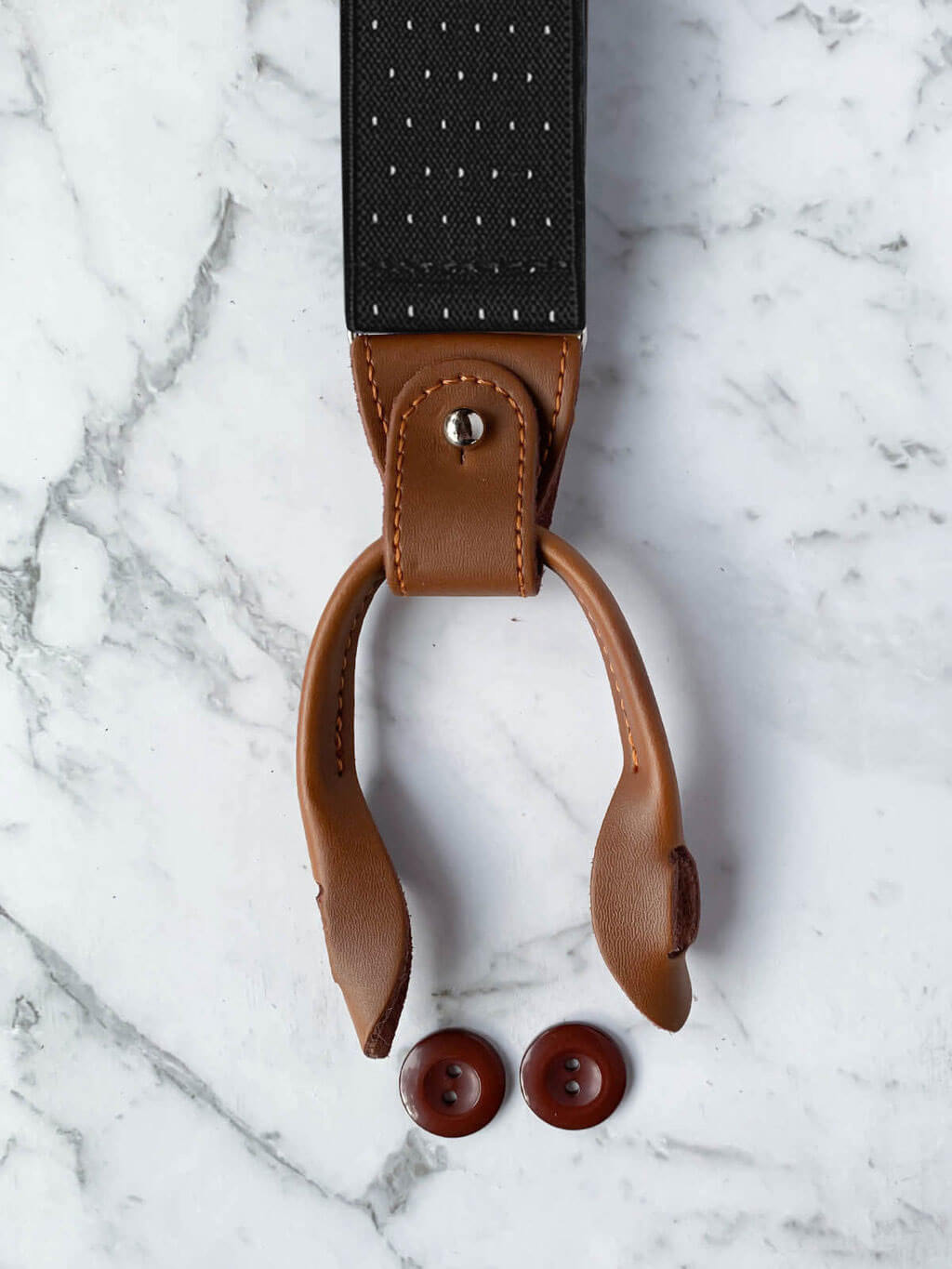 Black Pin Dot Pattern Leather Trim Clip/Button Convertible Suspenders