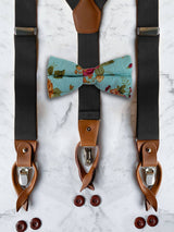 Black Leather Trim Suspenders & Linen/Cotton Floral Bow Tie Set