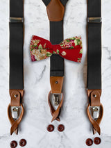 Black Leather Trim Suspenders & Linen/Cotton Floral Bow Tie Set