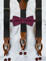 Black Leather Trim Suspenders & Woollen Bow Tie Set