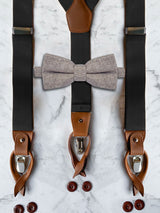 Black Leather Trim Suspenders & Woollen Bow Tie Set