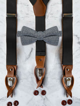 Black Leather Trim Suspenders & Woollen Bow Tie Set