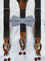 Black Leather Trim Suspenders & Woollen Bow Tie Set