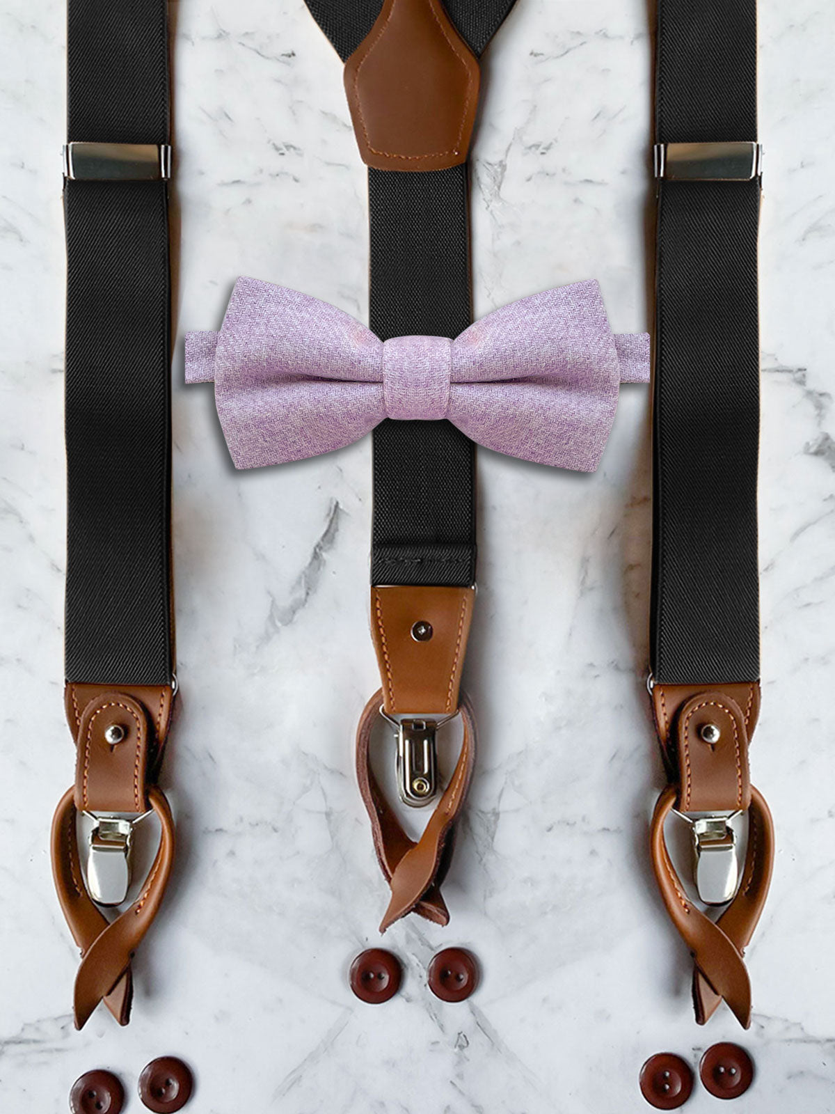 Black Leather Trim Suspenders & Woollen Bow Tie Set