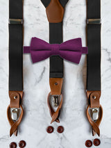 Black Leather Trim Suspenders & Woollen Bow Tie Set