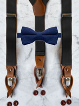 Black Leather Trim Suspenders & Woollen Bow Tie Set