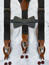 Black Leather Trim Suspenders & Woollen Bow Tie Set