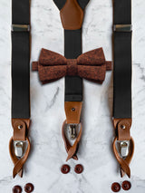 Black Leather Trim Suspenders & Woollen Bow Tie Set