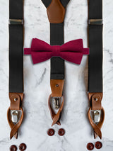 Black Leather Trim Suspenders & Woollen Bow Tie Set