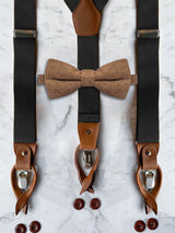 Black Leather Trim Suspenders & Woollen Bow Tie Set