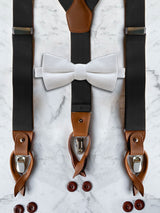 Black Leather Trim Suspenders & Woollen Bow Tie Set