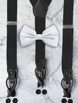 All Black Leather Trim Suspenders & Silk Bow Tie Set
