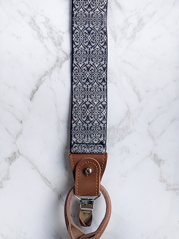 White Black Patterned Leather Trim Clip/Button Convertible Suspenders