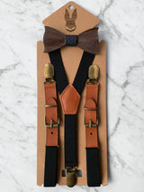 Kids Black Wooden Bow Tie, Suspenders & Brooch Set