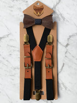 Kids Black Wooden Bow Tie, Suspenders & Brooch Set
