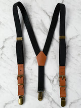 Kids Black Wooden Bow Tie, Suspenders & Brooch Set