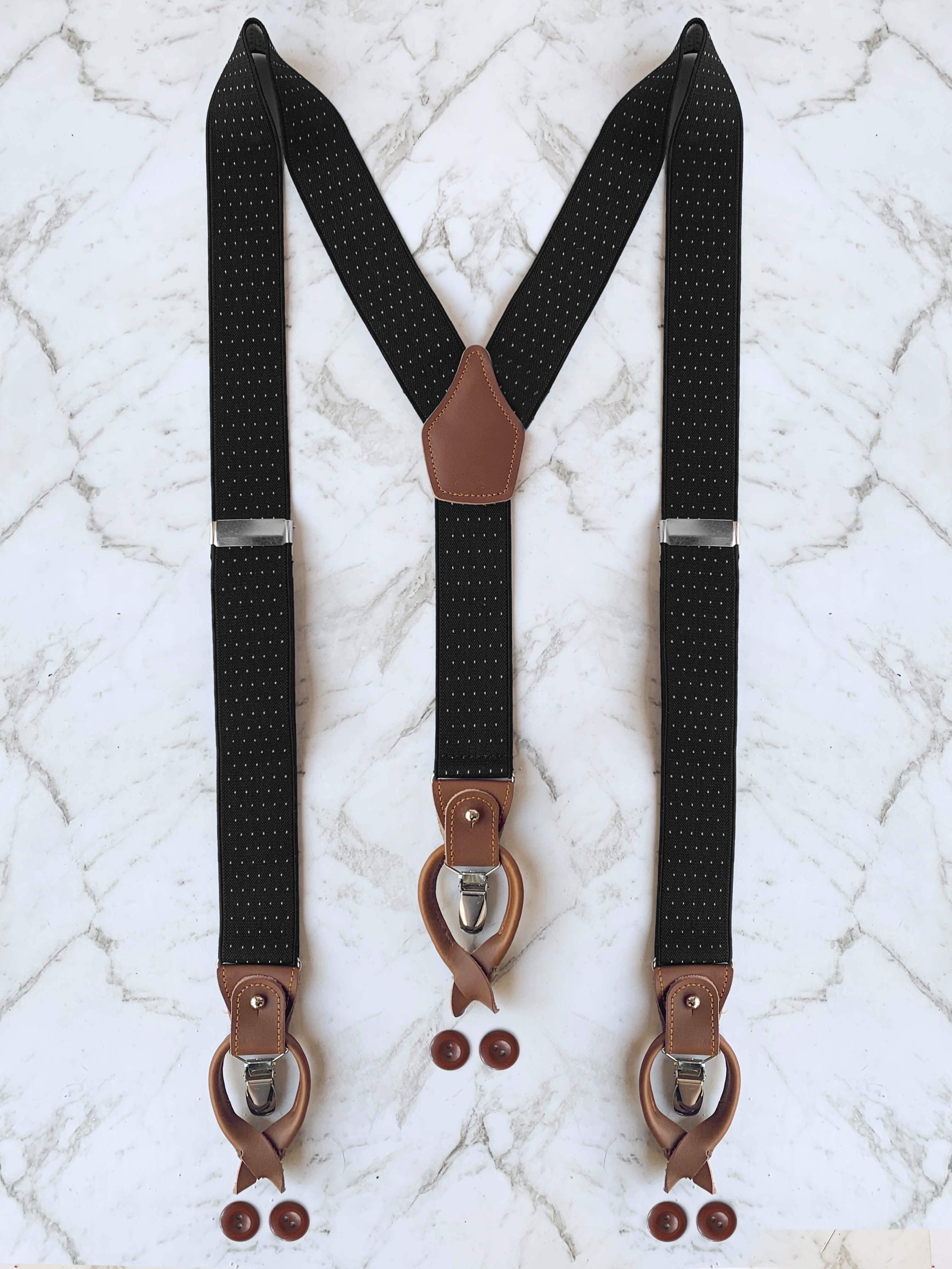Black Pin Dot Pattern Leather Trim Clip/Button Convertible Suspenders