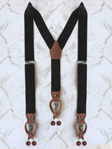 Black Pin Dot Pattern Leather Trim Clip/Button Convertible Suspenders