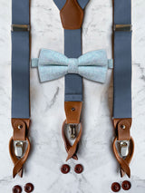 Blue Grey Leather Trim Suspenders & Woollen Bow Tie Set