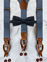 Blue Grey Leather Trim Suspenders & Woollen Bow Tie Set