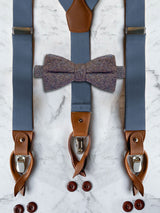 Blue Grey Leather Trim Suspenders & Woollen Bow Tie Set