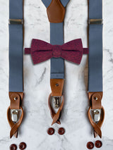 Blue Grey Leather Trim Suspenders & Woollen Bow Tie Set