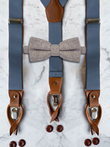 Blue Grey Leather Trim Suspenders & Woollen Bow Tie Set