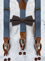 Blue Grey Leather Trim Suspenders & Woollen Bow Tie Set