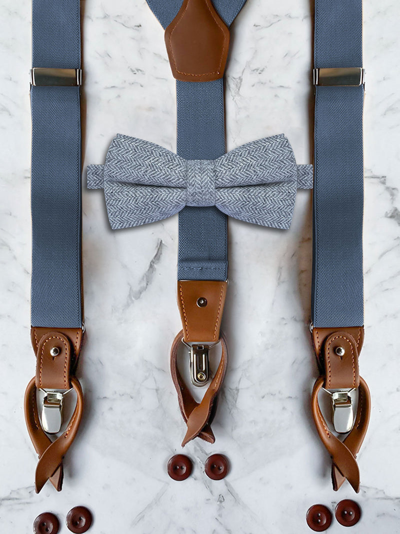 Blue Grey Leather Trim Suspenders & Woollen Bow Tie Set