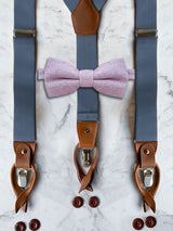 Blue Grey Leather Trim Suspenders & Woollen Bow Tie Set