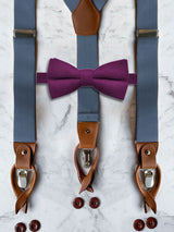 Blue Grey Leather Trim Suspenders & Woollen Bow Tie Set