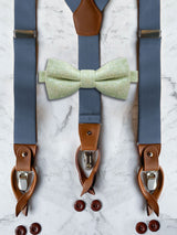 Blue Grey Leather Trim Suspenders & Woollen Bow Tie Set
