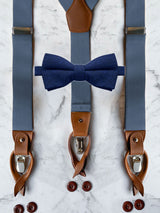 Blue Grey Leather Trim Suspenders & Woollen Bow Tie Set