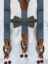 Blue Grey Leather Trim Suspenders & Woollen Bow Tie Set