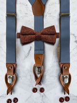 Blue Grey Leather Trim Suspenders & Woollen Bow Tie Set