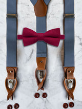 Blue Grey Leather Trim Suspenders & Woollen Bow Tie Set
