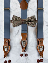 Blue Grey Leather Trim Suspenders & Woollen Bow Tie Set