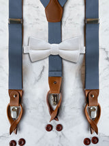 Blue Grey Leather Trim Suspenders & Woollen Bow Tie Set