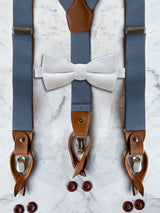 Blue Grey Leather Trim Suspenders & Woollen Bow Tie Set