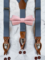 Blue Grey Leather Trim Suspenders & Woollen Bow Tie Set