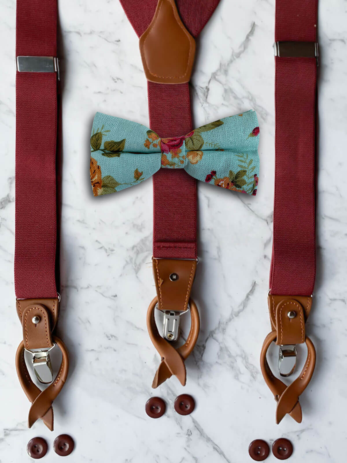 Burgundy Leather Trim Suspenders & Linen/Cotton Floral Bow Tie Set