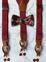 Burgundy Leather Trim Suspenders & Linen/Cotton Floral Bow Tie Set