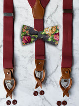 Burgundy Leather Trim Suspenders & Linen/Cotton Floral Bow Tie Set