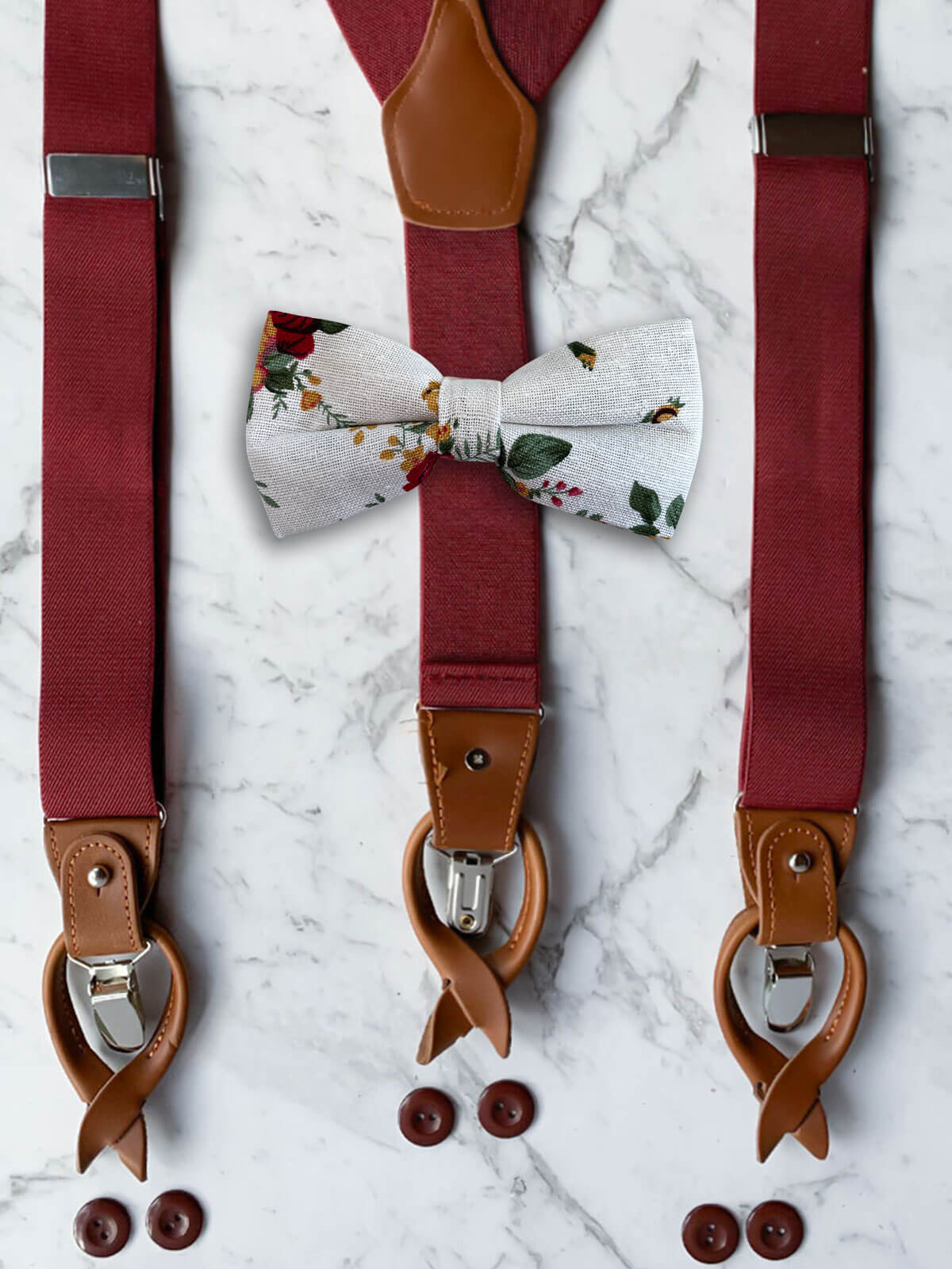 Burgundy Leather Trim Suspenders & Linen/Cotton Floral Bow Tie Set