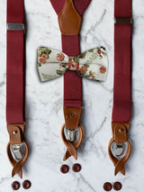 Burgundy Leather Trim Suspenders & Linen/Cotton Floral Bow Tie Set