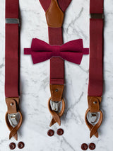 Burgundy Leather Trim Suspenders & Woollen Bow Tie Set