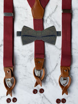 Burgundy Leather Trim Suspenders & Woollen Bow Tie Set