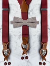 Burgundy Leather Trim Suspenders & Woollen Bow Tie Set
